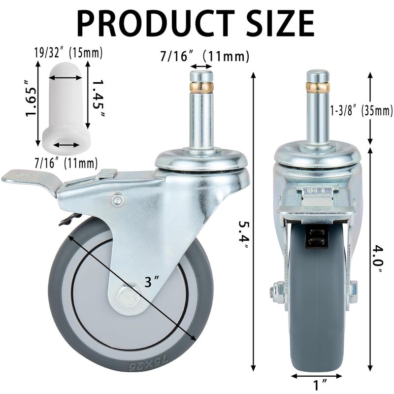 Finnhomy 3 Inches Stem Caster Wheels Set of 4 Heavy Duty 7/16 Inch Stem Diameter Swivel Locking Casters Replacement Wheels for Utility Cart/Mop Bucket/Wet & Dry Vacuum/Grills/Shop Mechanic Stool - Image 2
